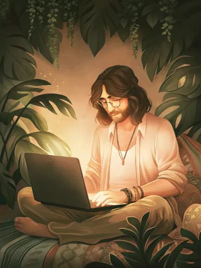AI-designed sticker: a person with glasses typing on a laptop surrounded by lush greenery