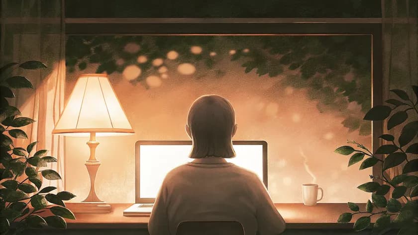 A person sitting at a desk at night, bathed in warm lamp light — a quiet moment of connection
